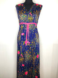 1970s Rose Print Maxi Dress in Blue - Size UK 16