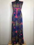 womens  waist detail  vintage  velvet bow detail  rose print  print dress  multi  maxi dress  dress  blue  70s  1970s  16