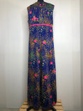 womens  waist detail  vintage  velvet bow detail  rose print  print dress  multi  maxi dress  dress  blue  70s  1970s  16