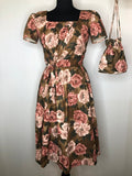 1950s Rose Print Summer Dress and Matching Bag - Size UK 8