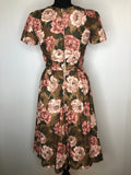 zip  womens  vintage  Urban Village Vintage  urban village  summer dress  short sleeved  short sleeve  shirt waist  rose print  pleated  pleat front  midi  floral print  floral dress  floral  dress  cotton  bow detailing  blue  8  50s  1950s