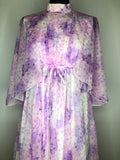 womens  vintage  retro  pink  maxi dress  long sleeve  high neck  full length  floral print  floral  floaty  dress  angel sleeve  angel  70s  1970s  10
