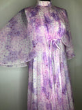 womens  vintage  retro  pink  maxi dress  long sleeve  high neck  full length  floral print  floral  floaty  dress  angel sleeve  angel  70s  1970s  10