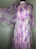 Vintage 1970s Angel Sleeve Floaty Floral Maxi Dress in Lilac and Pink - Size UK 10