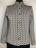 Vintage 1970s Check Pattern Dagger Collar Blouse in Brown and White - Size UK 12