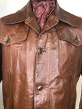 vintage  Urban Village Vintage  urban village  Rounded collar  pockets  mens  long sleeve  Leather Jacket  Leather  large rounded collar  L  front pockets  chest pockets  button cuffs  brown leather  brown  70s  1970s