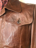 vintage  Urban Village Vintage  urban village  Rounded collar  pockets  mens  long sleeve  Leather Jacket  Leather  large rounded collar  L  front pockets  chest pockets  button cuffs  brown leather  brown  70s  1970s