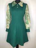 Vintage 1960s 1970s Floral Balloon Sleeve Beagle Collar Mod Dress in Green - Size UK 12