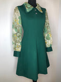 zip back  womens  vintage  Urban Village Vintage  print  MOD  long sleeve  Green  floral print  floral dress  floral  dress  double collar  decorative buttons  Beagle collar  balloon sleeve  70s  70  60s  60  1970s  1960s  1960  12