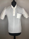 Vintage 1960s Mod Knitted Polo Top in White with Blue Stripe Detailing - Size S
