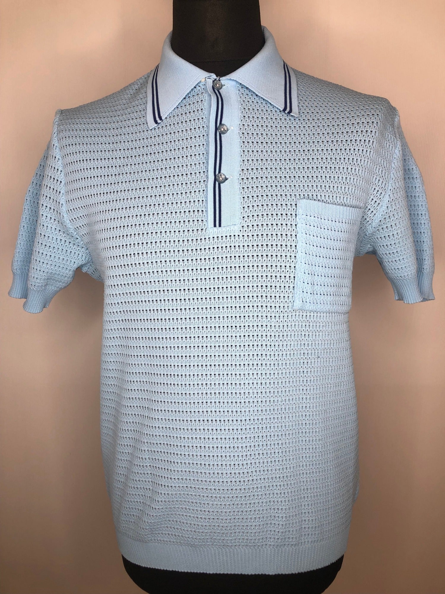 Vintage 1960s Mod Knitted Polo Top in Blue With Stripe Detailing