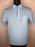 Vintage 1960s Mod Knitted Polo Top in Blue with Stripe Detailing - Size M