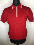Vintage 1960s Mod Knitted Polo Top in Red with White Stripe Detailing - Size M-L