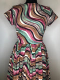 womens  vintage  urban village  true vintage  summer  spring  short sleeved  round neck  rockabilly  print dress  pin up  multi  floral print  fitted waist  dress  day dress  brushstroke print  50s  1950s  10