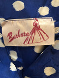 womens  vintage  v-neck dress  urban village  true vintage  three quarter sleeve  summer  side zip  rockabilly  print dress  polka dot print  pleated skirt  pleated  pleat detailing  pleat detail  pin up  fitted waist  dress  day dress  cross over front  Blue  Barbara  50s  1950s  14