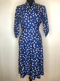 Vintage 1950s Polka Dot Print Dress in Blue and White by Barbara - UK 14