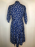 womens  vintage  v-neck dress  urban village  true vintage  three quarter sleeve  summer  side zip  rockabilly  print dress  polka dot print  pleated skirt  pleated  pleat detailing  pleat detail  pin up  fitted waist  dress  day dress  cross over front  Blue  Barbara  50s  1950s  14
