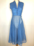 Vintage 1950s Pleated Sleeveless V-Neck Dress in Blue by Peter Portland - UK 8