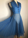 womens  vintage  v-neck dress  urban village  true vintage  summer  sleeveless  side zip  sheer  rockabilly  pleated skirt  pleated  pleat detailing  pleat detail  pin up  Peter Portland  Made in London  fitted waist  dress  day dress  Blue  8  50s  1950s