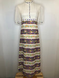 Vintage 1970s Boho Floral Print Maxi Dress with Crochet Trim in White and Purple - Size UK 6