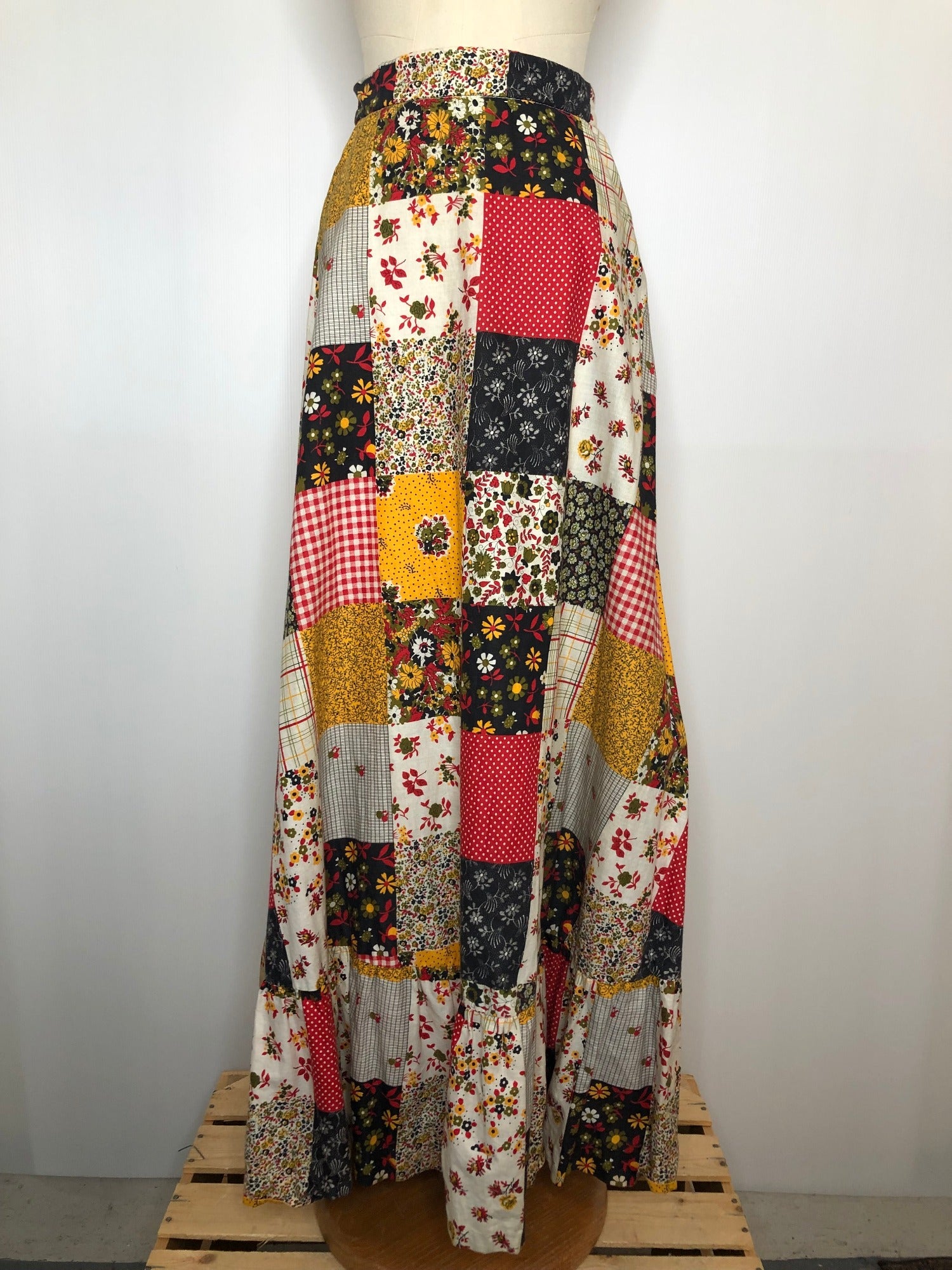 Vintage 1970s Floral Print Patch Work Maxi Skirt in Red and Yellow