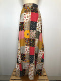 Vintage 1970s Floral Print Patchwork Maxi Skirt in Red and Yellow - Size UK 4