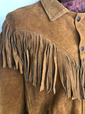 vintage  Urban Village Vintage  urban village  Suede Jacket  suede fringing  Suede  pockets  pocket detail  mens  L  Jacket  hippie  festival  double breasted  collared  brown  boho  80s  80  70s  70  1980s  1970s