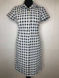 Vintage 1960s Circle Pattern Collared Dress in White and Blue - Size UK 10