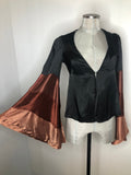 Vintage 1970s Extreme Bell Sleeve Satin Blouse Jacket in Black and Brown - Size UK 6-8