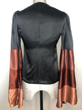 womens  wide sleeve  vintage  Urban Village Vintage  urban village  satin  long sleeve  jacket  evening blouse  brown  blouse  block colour  black  bell sleeves  bell sleeve  8  70s  1970s