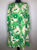 Vintage 1960s Balloon Sleeved Floral Print Psychedelic Knee Length Dress in Green and White - Size UK 12