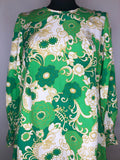 womens  white  vintage  retro  psychedelic  psych  MOD  long sleeved  knee length dress  knee length  green  floral print  floral dress  floral  dress  balloon sleeve  60s  1960s