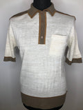 Vintage 1960s Man-at-Ease Knitted Mod Polo Top in Beige and Brown by Tootal - Size M