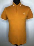 Yellow  white stripes  white logo  vintage  two button  twin tipped  summer  s  polo top  polo  mustard  mens  logo  Fred Perry  embroidered logo  Cotton