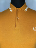 Yellow  white stripes  white logo  vintage  two button  twin tipped  summer  s  polo top  polo  mustard  mens  logo  Fred Perry  embroidered logo  Cotton