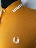 Yellow  white stripes  white logo  vintage  two button  twin tipped  summer  s  polo top  polo  mustard  mens  logo  Fred Perry  embroidered logo  Cotton