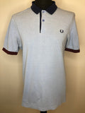 vintage  urban village  top  sportswear  slim fit  short sleeved  short sleeve  retro  polo top  polo  navy blue collar  Navy  MOD  mens  L  Fred Perry  fred  collared  collar  button  burgundy trim  Blue