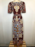 Vintage 1970s Short Sleeved Ethnic Print Maxi Dress in Brown - Size UK 8