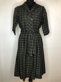Vintage 1950s Double Breasted Collared Check Pleated Dress - Size UK 10