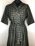 womens  waist belt  vintage  urban village  three quarter sleeve  rockabilly  purple  pleated dress  pleated  pleat front  Green  dress  double breasted  day dress  collared dress  collared  checked  check  50s  1950s  10