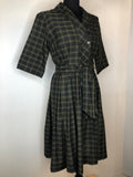 womens  waist belt  vintage  urban village  three quarter sleeve  rockabilly  purple  pleated dress  pleated  pleat front  Green  dress  double breasted  day dress  collared dress  collared  checked  check  50s  1950s  10