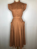 Vintage 1970s Does 1940s Land Girl Dress with Pockets in Brown - Size UK 8