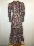 womens  vintage  victoriana  Victorian style  Victorian  velvet trim  Urban Village Vintage  urban village  retro  purple  maxi dress  long sleeves  long sleeve  long dress  hippie  high neck  floral dress  dress  crochet trim  collar  boho  balloon sleeves  balloon sleeve  70s  70  4  1970s