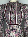 womens  vintage  victoriana  Victorian style  Victorian  velvet trim  Urban Village Vintage  urban village  retro  purple  maxi dress  long sleeves  long sleeve  long dress  hippie  high neck  floral dress  dress  crochet trim  collar  boho  balloon sleeves  balloon sleeve  70s  70  4  1970s