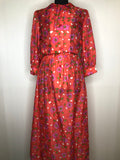 Vintage 1970s Floral Print Balloon Sleeve Bow Collar Maxi Dress in Red - Size UK 12