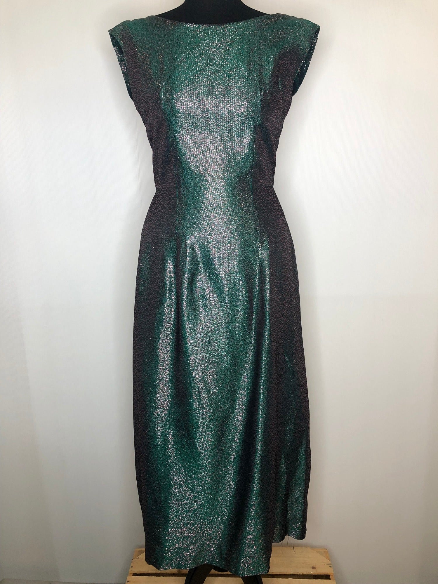 Vintage 1950s 1960s Lurex Metallic Evening Dress in Green with a