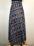 Vintage 1970s Check Print Belted Maxi Skirt in Blue - Size UK 6
