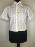 womens  vintage  Urban Village Vintage  top  summer blouse  purple print  purple  Janet  dagger collar  cropped  button front  blouse  70s  70  1970s  10