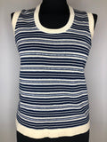 Vintage 1970s Striped Knitted Tank Top in Cream and Blue - Size UK 16