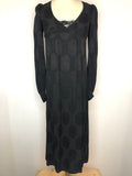 Vintage 1970s Balloon Sleeve Paisley Maxi Dress with Lace Insert in Black - Size UK 6